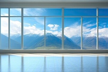 Fototapeta na wymiar an empty room with a panoramic view of mountains through a large window Generative AI