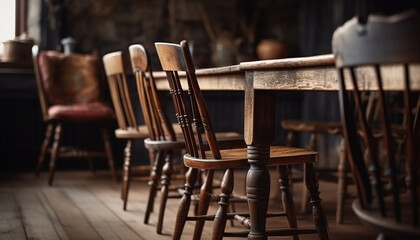 Obraz na płótnie Canvas Rustic stools in a row add antique elegance to pub generated by AI