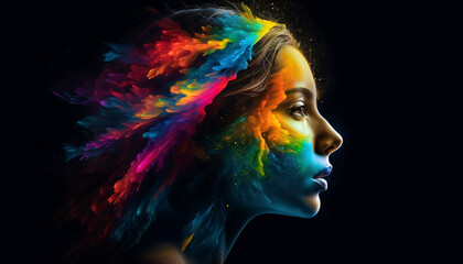 Vibrant colors illuminate fine art portrait of futuristic beauty generated by AI