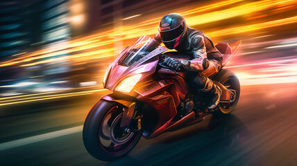 EBR racing motorcycle with abstract long exposure dynamic speed light trails in an urban environment city, Generative AI