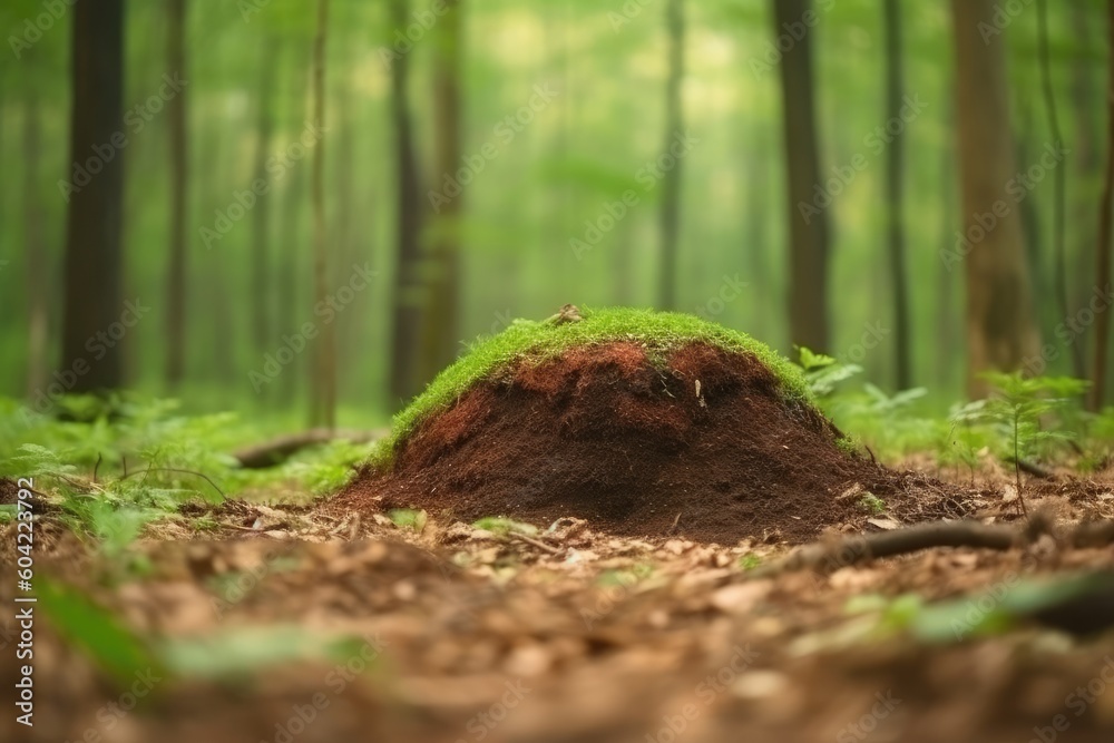 Wall mural dirt mound surrounded by trees in a forest generative ai