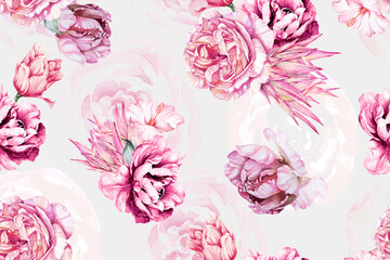 Seamless pattern of rose, lily and blooming flowers painted in watercolor on white background.Designed for fabric luxurious and wallpaper, vintage style.Hand drawn botanical floral pattern.