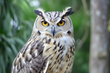 Obraz premium close up of an owl with striking yellow eyes Generative AI