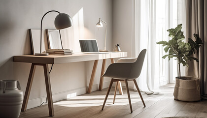 Obraz na płótnie Canvas Minimalist office decor elegant shelf, electric lamp, and comfortable armchair generated by AI