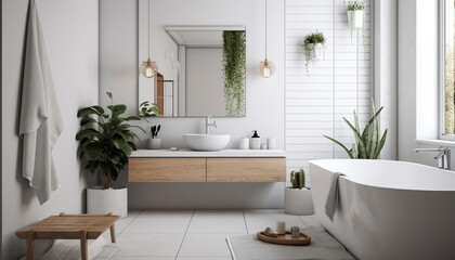 Fototapeta na wymiar Modern elegance in domestic bathroom with luxurious marble sink and faucet generated by AI