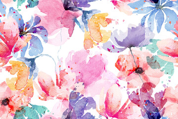 Seamless pattern of colorfull flowers drawn with watercolor.For the design of the wallpaper or fabric, vintage style.Blooming flower painting for summer.Botany background.
