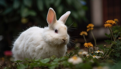 A cute, fluffy baby rabbit sitting in the grass outdoors generated by AI