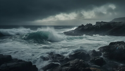 Breaking waves crash against rocky cliff, spray splashing in awe generated by AI
