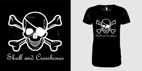 Skull and crossbones T-shirt design, typography, vector illustration, tee print, global print, clothing template, death horror style, front view, suitable for teens, print ready, editable.