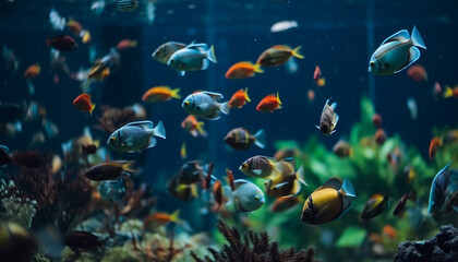 Obraz na płótnie Canvas A school of multi colored fish swim in a tropical reef generated by AI