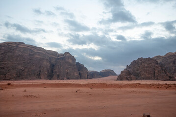 red rock canyon.Panoramic view of the desert mountains with the sky.Jordan Travel.Wadi Rum.