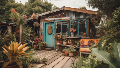 Obraz premium A rustic cottage with fresh flower decor in a tropical paradise generated by AI