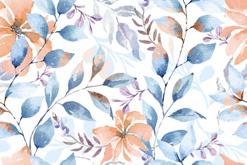 Seamless pattern of orange flowers drawn with watercolor.For the design of the wallpaper or fabric, vintage style.Blooming flower painting for summer.Botany background.