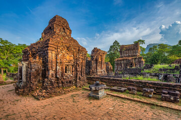 MY SON SANCTUARY IS A LARGE COMPLEX OF RELIGIOUS RELICS COMPRISES CHAM ARCHITECTURAL WORKS. A UNESCO WORLD HERITAGE SITE IN QUANG NAM, VIETNAM. LOCATED ABOUT 30 KM WEST OF HOI AN ANCIENT TOWN.