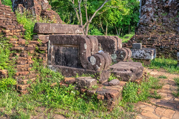 MY SON SANCTUARY IS A LARGE COMPLEX OF RELIGIOUS RELICS COMPRISES CHAM ARCHITECTURAL WORKS. A UNESCO WORLD HERITAGE SITE IN QUANG NAM, VIETNAM. LOCATED ABOUT 30 KM WEST OF HOI AN ANCIENT TOWN.