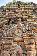 MY SON SANCTUARY IS A LARGE COMPLEX OF RELIGIOUS RELICS COMPRISES CHAM ARCHITECTURAL WORKS. A UNESCO WORLD HERITAGE SITE IN QUANG NAM, VIETNAM. LOCATED ABOUT 30 KM WEST OF HOI AN ANCIENT TOWN.