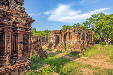 MY SON SANCTUARY IS A LARGE COMPLEX OF RELIGIOUS RELICS COMPRISES CHAM ARCHITECTURAL WORKS. A UNESCO WORLD HERITAGE SITE IN QUANG NAM, VIETNAM. LOCATED ABOUT 30 KM WEST OF HOI AN ANCIENT TOWN.