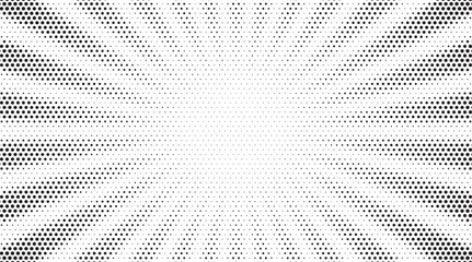 Halftone gradient sun rays pattern. abstract halftone vector dots background. monochrome dots pattern. pop art, comic small dots. star rays halftone poster. shine, explosion. sunrise rays background.