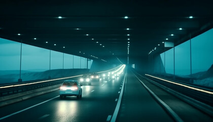 Driving on a multiple lane highway, vanishing point ahead generated by AI
