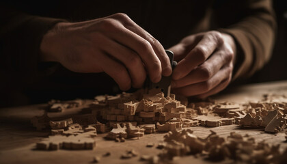 Craftsperson skillful hand shapes wood into a homemade puzzle design generated by AI