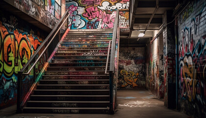 Fototapeta na wymiar Multi colored mural illuminates dirty subway staircase in modern city chaos generated by AI