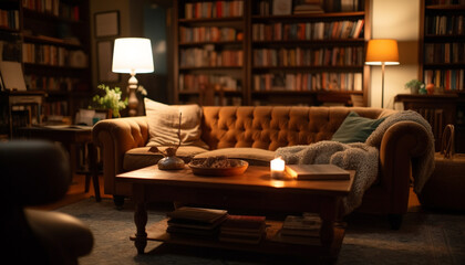 A cozy, modern living room with a comfortable sofa and bookshelf generated by AI