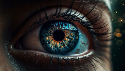 Close up of a young woman blue eye, staring at camera generated by AI