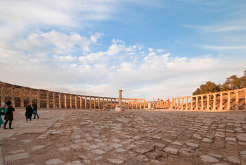 The Oval Forum and Cardo Maximus in ancient Jerash. Jordan Tourist.Jordan Trips.
