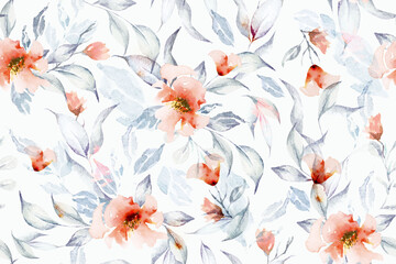 Seamless pattern of orange flowers drawn with watercolor.For the design of the wallpaper or fabric, vintage style.Blooming flower painting for summer.Botany background.