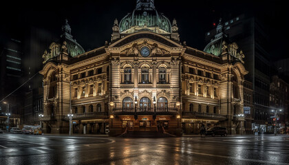 Fototapeta na wymiar The majestic town hall illuminated the famous casino at dusk generated by AI