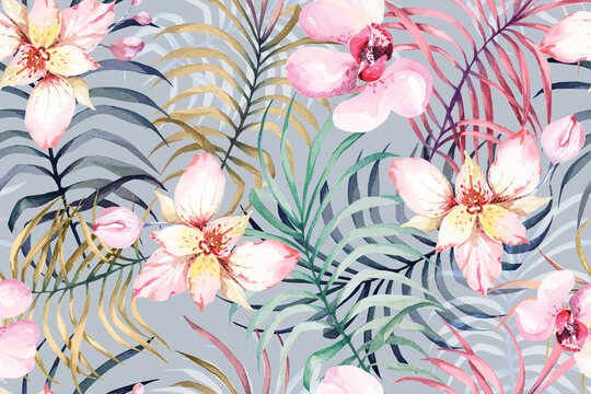 Seamless pattern of orchids and palm leaves painted with watercolors.For the design of the wallpaper or fabric, vintage style.Blooming flower painting for summer.Botany background.