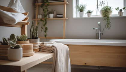 Modern luxury bathroom with elegant wood flooring and fresh plants generated by AI