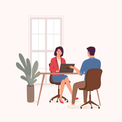Smiling Woman Manager Interviewing A Man Candidate For A Job Employment At The Office. Full Length. Flat Design Style, Character, Cartoon.