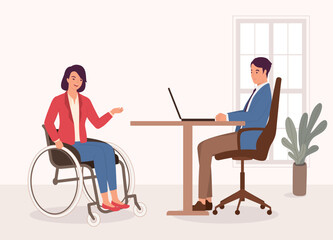 Smiling Woman Candidate With Wheelchair Having A Job Interview With A Manager At The Office. Full Length. Flat Design Style, Character, Cartoon.