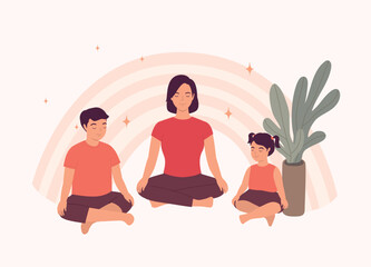 Smiling Mother With Two Children Sitting In Cross-Legged And Eyes Closed Doing Meditation Together. Full Length. Flat Design Style, Character, Cartoon.