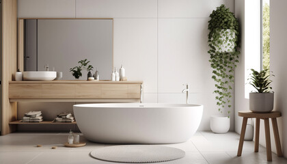 Naklejka na ściany i meble Modern elegance in a clean, sparse bathroom with marble flooring generated by AI
