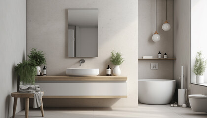 Naklejka na ściany i meble Modern elegance in a clean, spacious bathroom with marble flooring generated by AI
