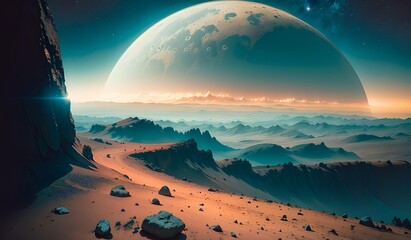 mysterious red planet in deep space,mars landscape  red moon supermoon generative ai