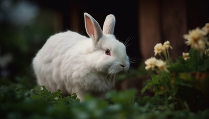 Fototapeta premium A cute baby rabbit with fluffy fur sits in grass generated by AI