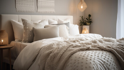 Modern luxury bedroom with comfortable bedding and elegant decor generated by AI