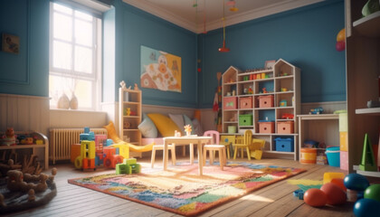 Colorful playroom with toys, books, and creative learning activities generated by AI