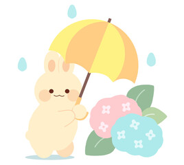 黄色とオレンジ色の傘をさすウサギとあじさいのイラスト