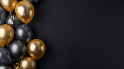 Gold balloons bunch on a black wall background. Generative AI - obrazy, fototapety, plakaty
