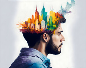 illustration of man with cityscape on his head -loneliness concept