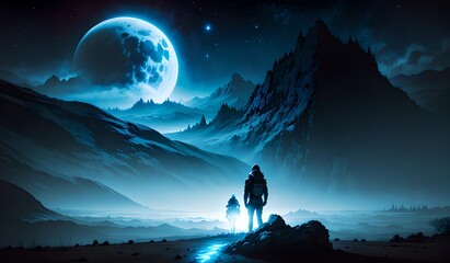 astronaut lost in mysterious blue planet in deep space landscape stranded with glowing full moon generative ai