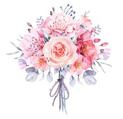Bouquet of flowers painted with watercolor.For wedding and valentine.Bouquet rose.