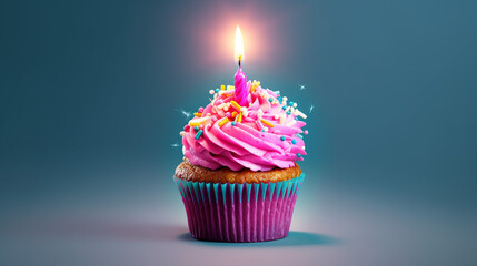 Pink birthday cupcake with light candle in the middle. 