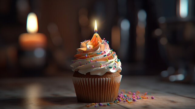 White birthday cupcake with light candle in the middle. 