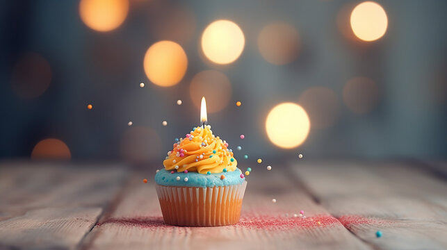 Yellow birthday cupcake with light candle in the middle. G