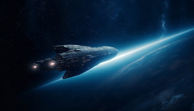 Futuristic spaceship flying through galaxy, orbiting dark nebula generated by AI